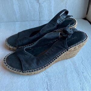 ** ERIC MICHAEL black Suede Espadrille Wedge Sandals 37 tie back